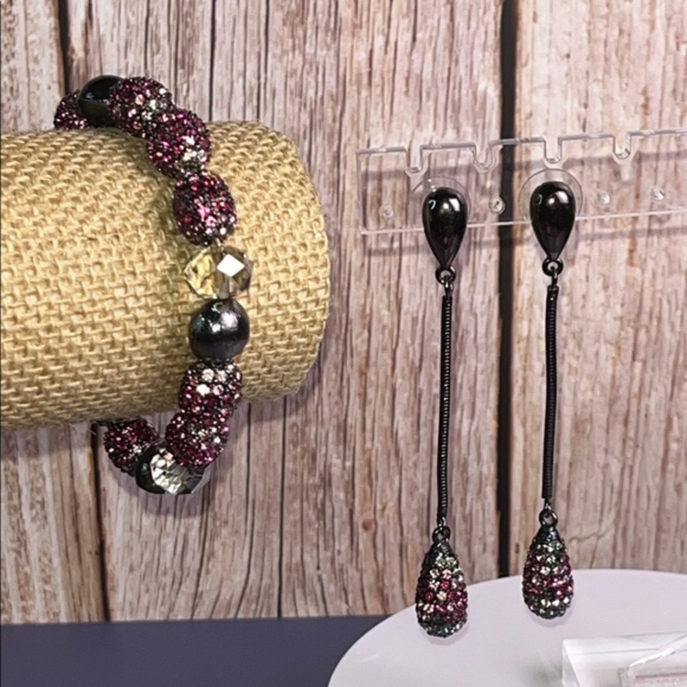 Chico's Pink Rhinestones mixed beads bracelet & matching drop earrings NWT